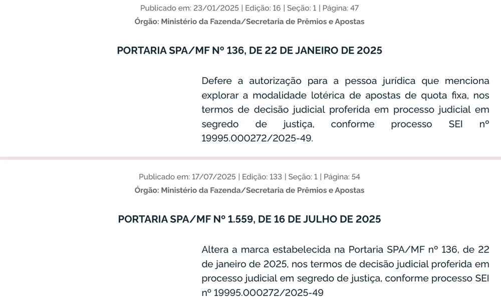 Cabeçalhos das Portarias SPA/MF nº 136, de 22/01/2025, e nº 1.559, de 16/07/2025, com as datas de publicação no DOU
